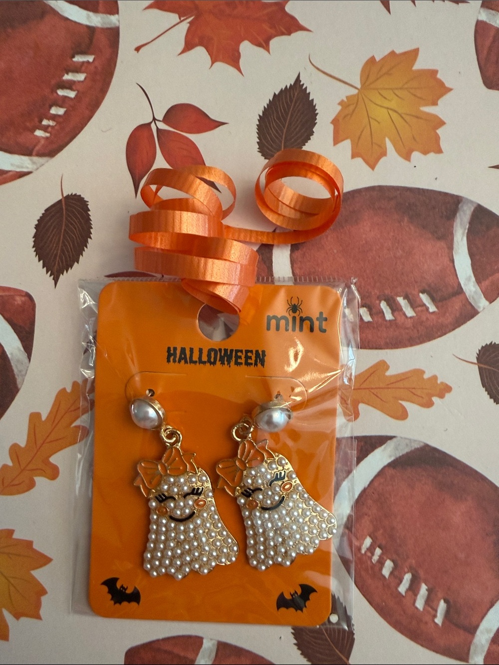 Mint Adorable Pearl Ghost Earrings w/Orange and Gold Accents